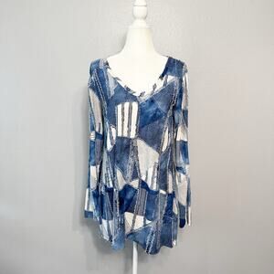 Mod-O-Doc Y2K Patchwork V Neck Long Sleeve Tunic Top‎ Women's Size Medium